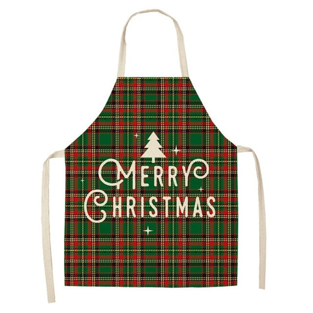 Christmas linen apron covering the chest and lap, not just the waist