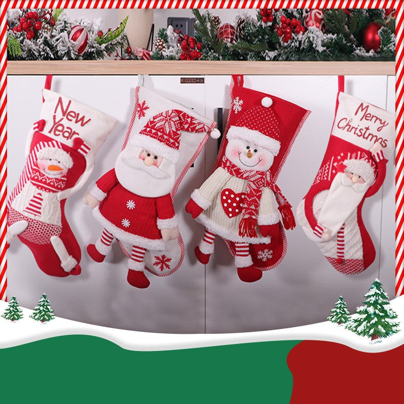 Snowman front Christmas stocking sewn from soft red and white cloth