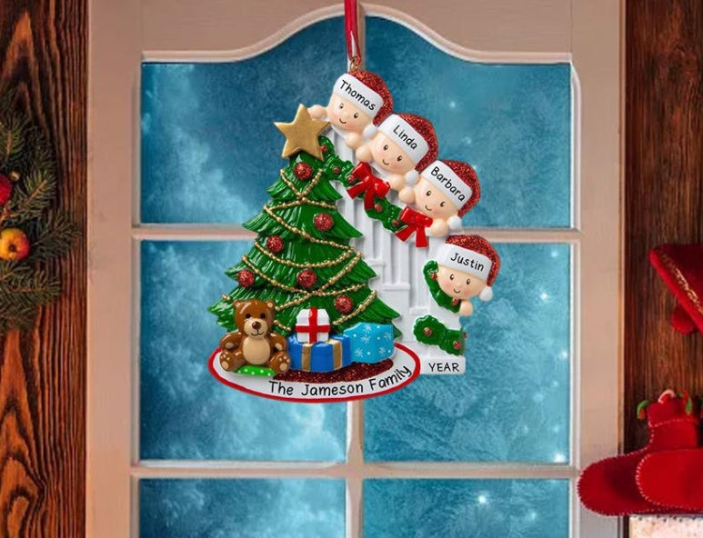 Six piece pack of painted plastic and resin Christmas tree ornaments