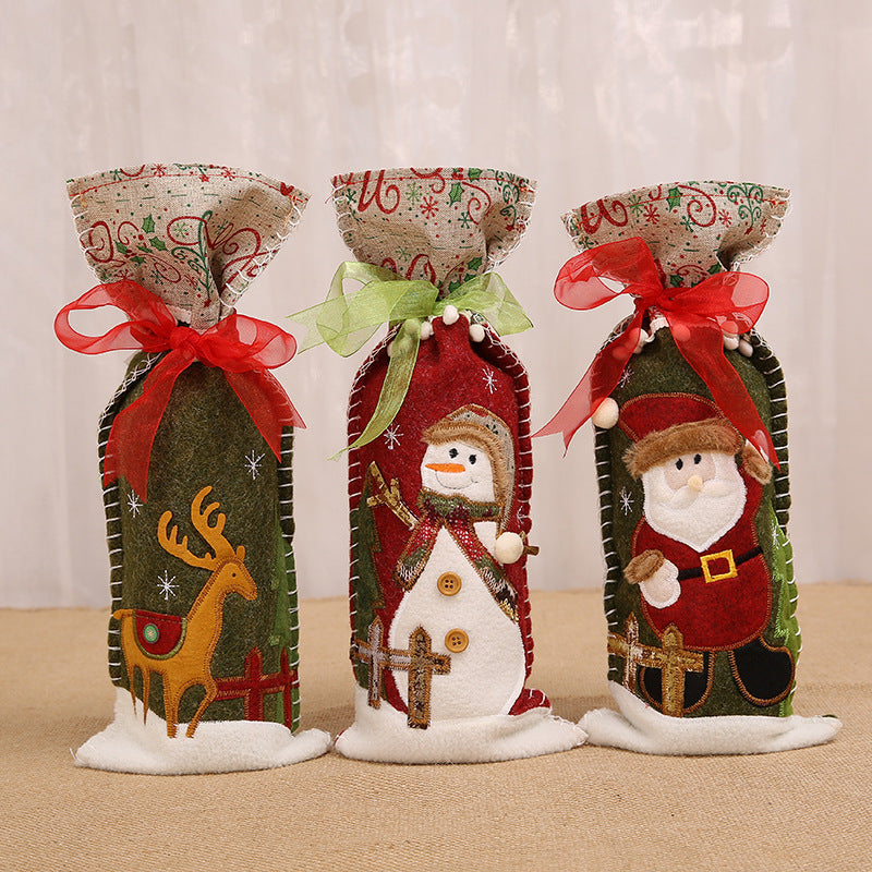 Reindeer Christmas bottle sleeve closed at the neck with a ribbon
