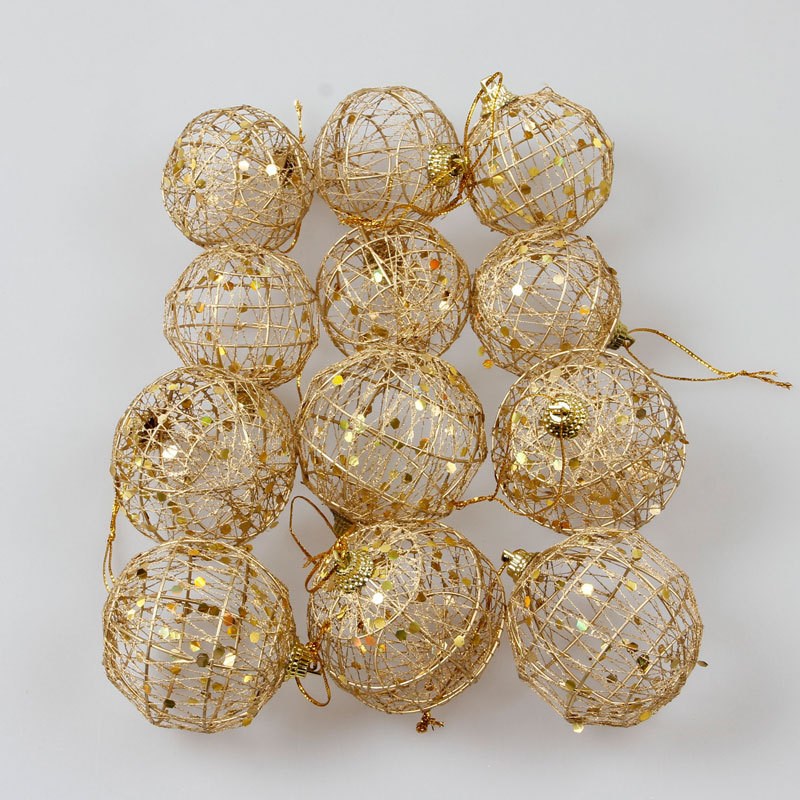 Six gold Christmas ball ornaments in textured iron, 2 inches across