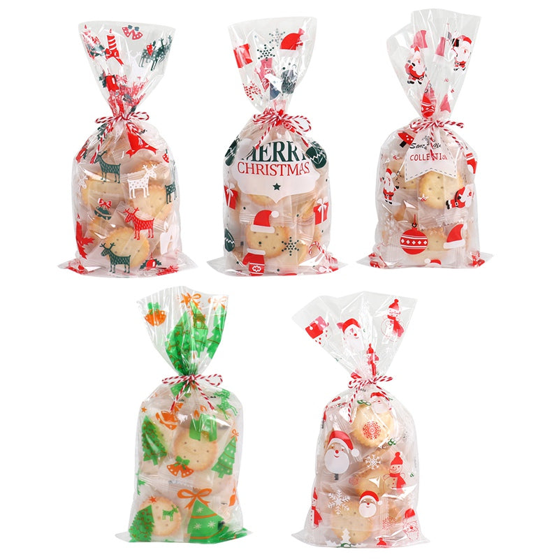 Merry Christmas lettering print on a clear plastic treat bag
