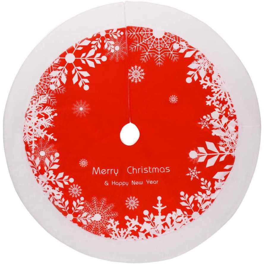 Red round Christmas tree skirt measuring 48 inches across