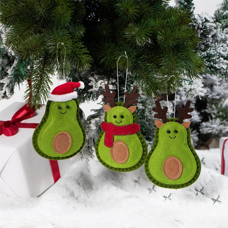 Three felt avocado Christmas tree ornaments from the same set