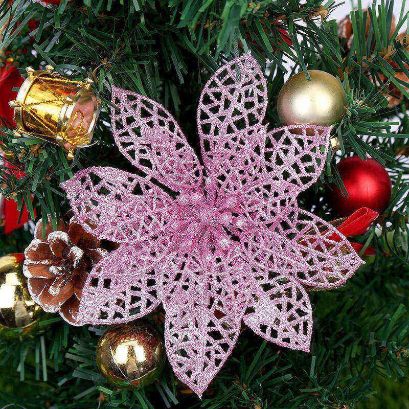 Pink glitter Christmas flower pick, 5.9 inches across