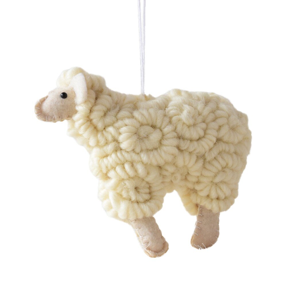 Beige wool felt sheep Christmas pendant with a matte tactile finish