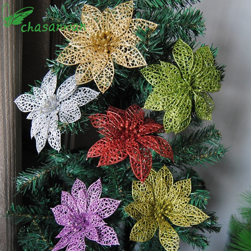 Gold glitter Christmas flower pick measuring 5.9 inches across