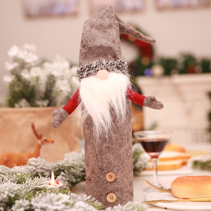 Gray Christmas wine bottle cover with a tall pointed hat