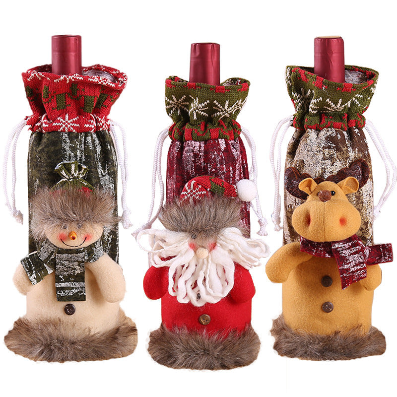 Christmas wine bottle cover with an artificial wool trim over cloth