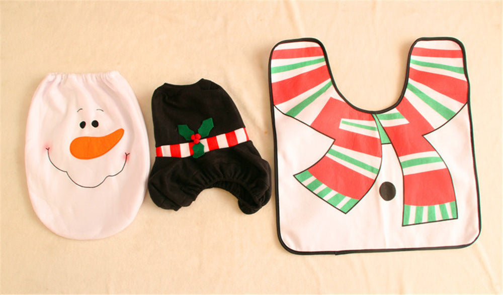Three piece Christmas bathroom set of curtain, cover and mat