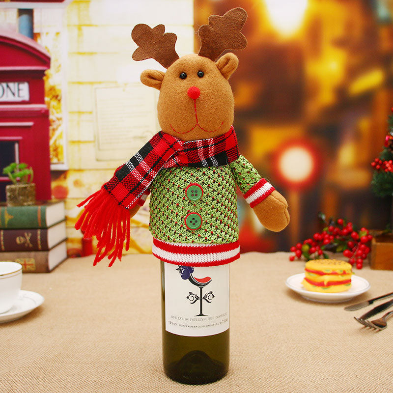Christmas wine bottle sleeve with an artificial wool trim over cloth