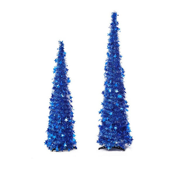 Blue tinsel artificial Christmas tree, one of five color choices