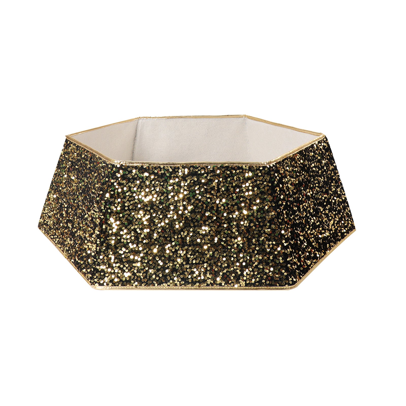 Red sequin Christmas tree skirt in the four corner shape
