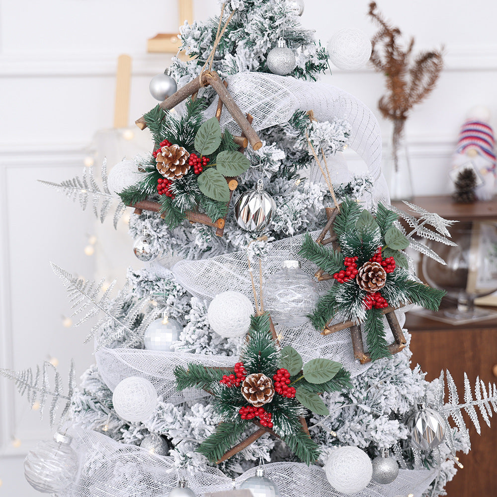 Five pointed star ornament finished with whitened pine needle trim