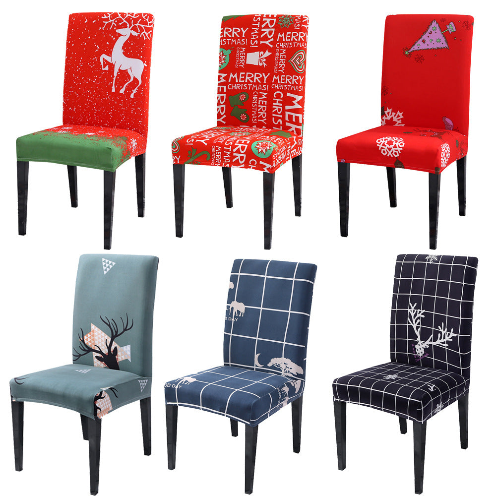 Christmas chair cover in stretch polyester printed with festive Christmas lettering