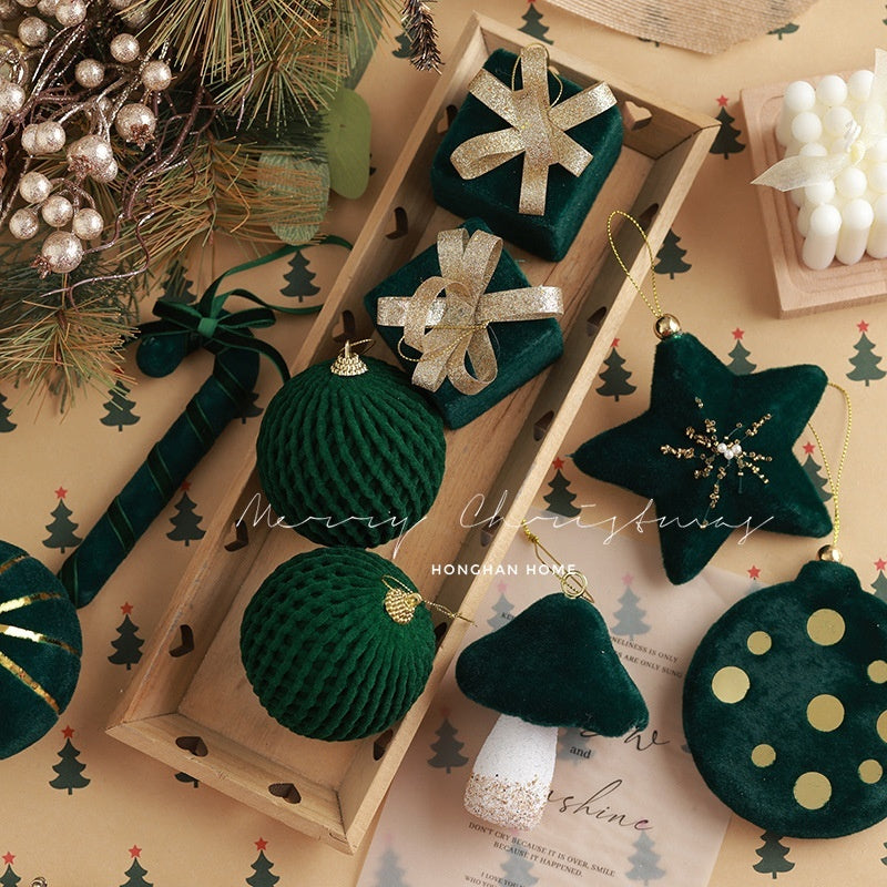 Dark green flocked foam Christmas ornament pack of nine pieces