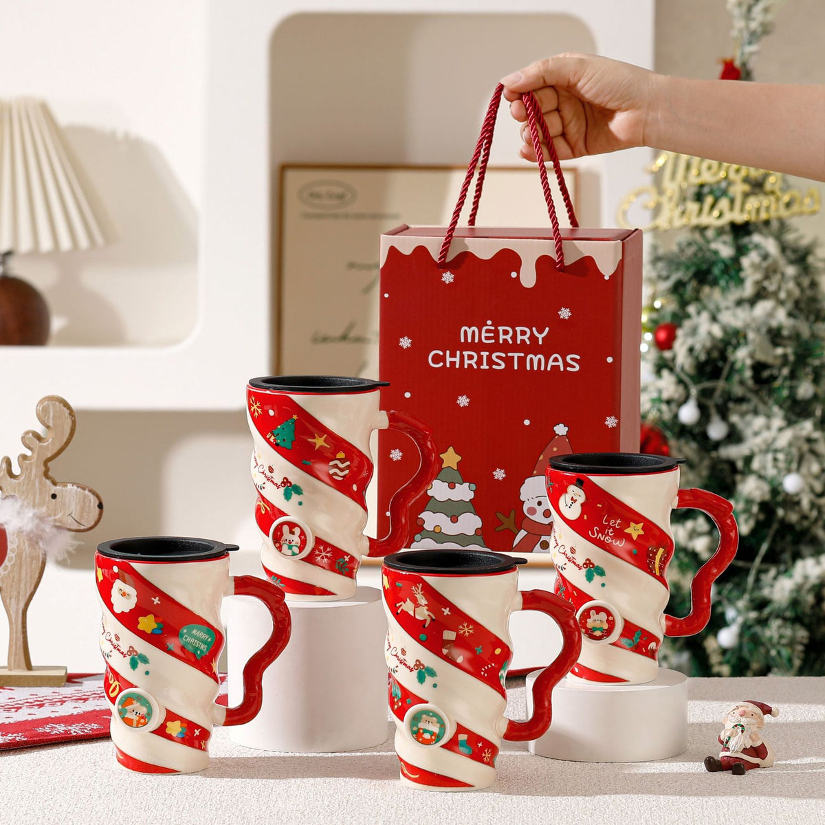 Ceramic Christmas mug set of two with a printed cartoon design