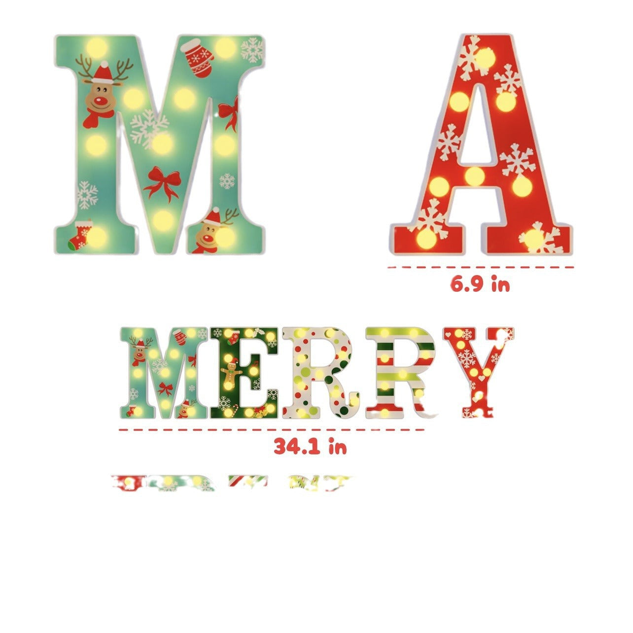 Each Christmas letter light stands 8.6 inches (21.8 cm) tall