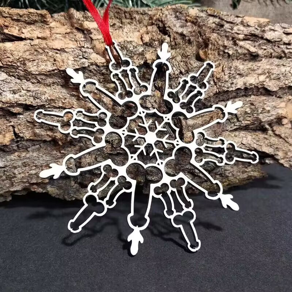 Natural wood snowflake ornament measuring 4.3 inches from point to point