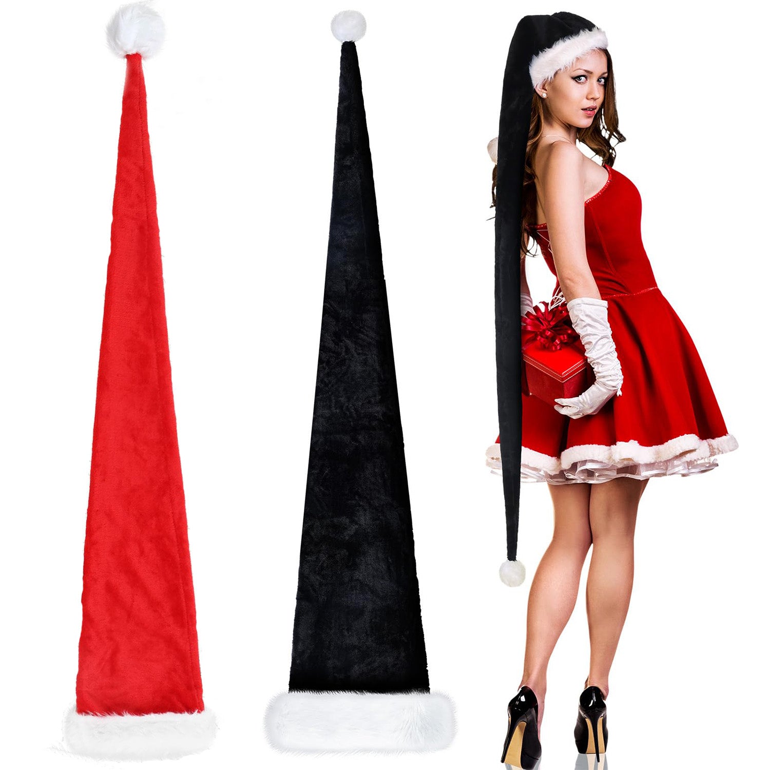 Red extra long Santa hat sewn from polyester, 59.1 inches