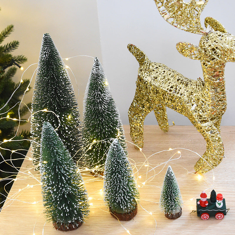Mini pine Christmas trees with green needles tipped in white