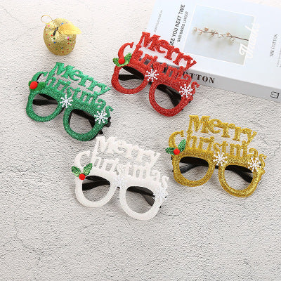 Merry Christmas lettered design on a non-woven party glasses frame