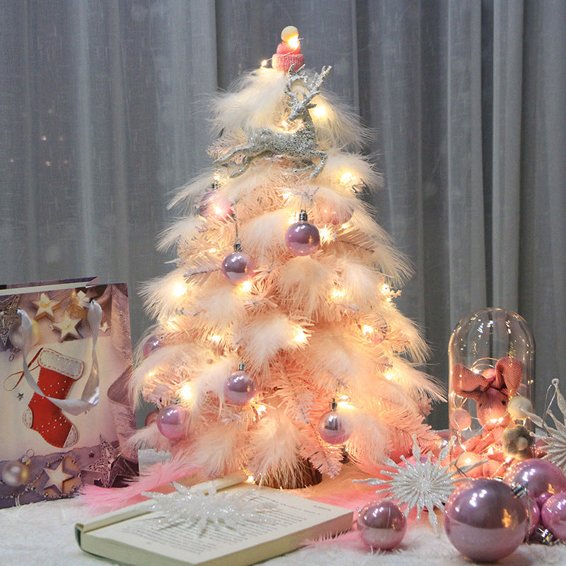 Pink feather Christmas tree about 11.8 inches high with built-in LEDs