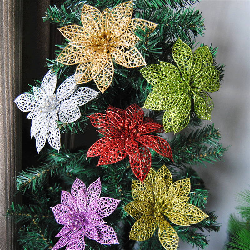 Silver glitter Christmas flower, 5.9 inches wide, sold singly