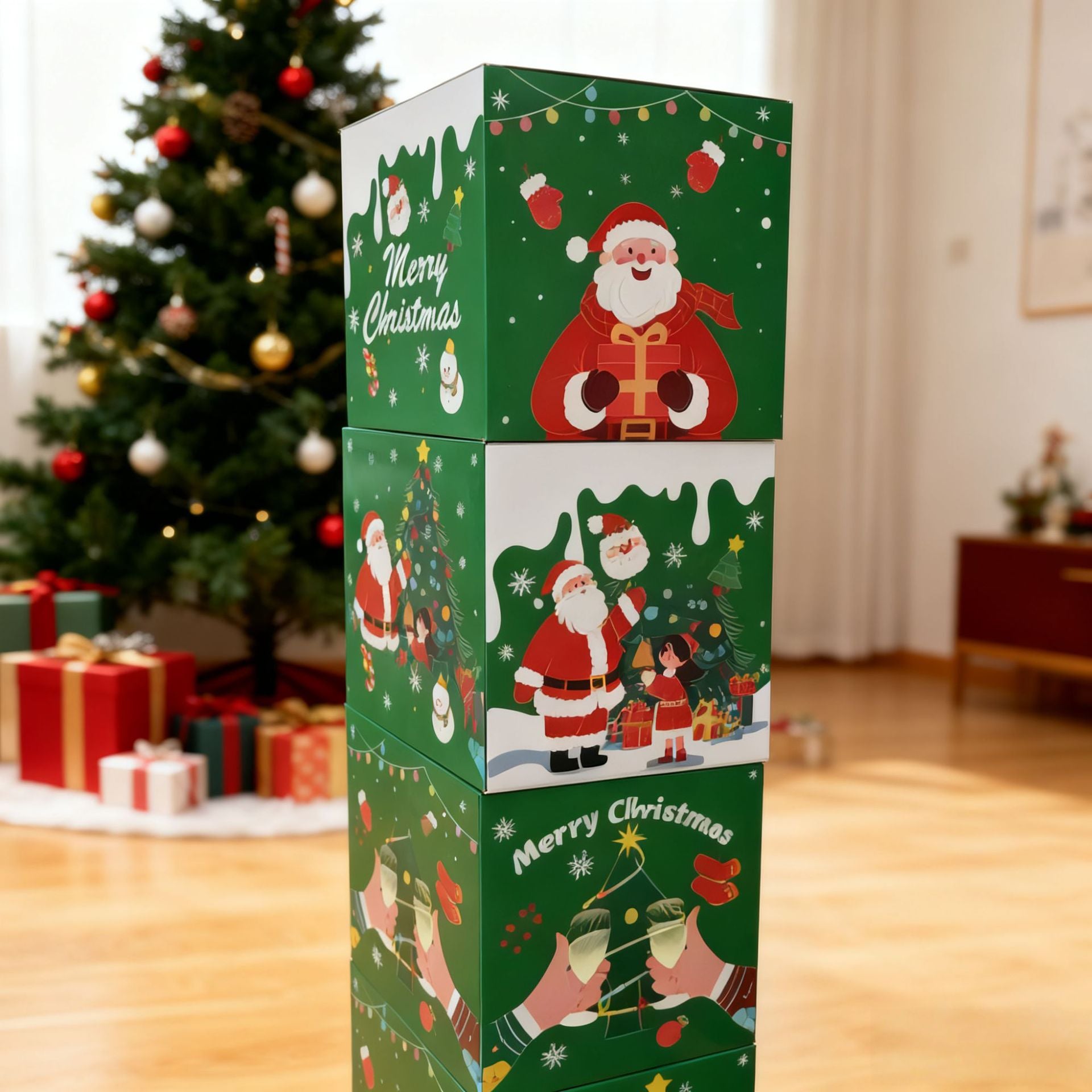 Flat holiday green paper board finish on the Christmas gift box