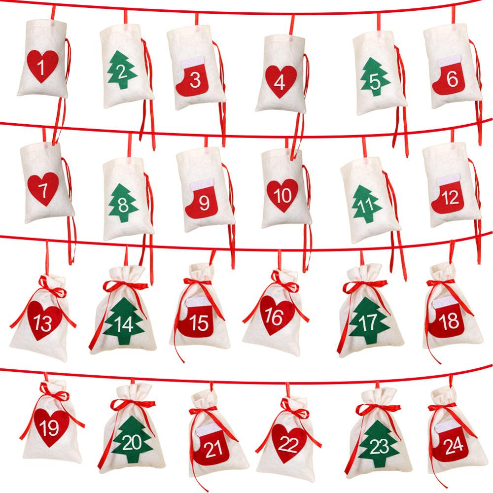 Numbered felt Christmas countdown pouches shown in numerical order