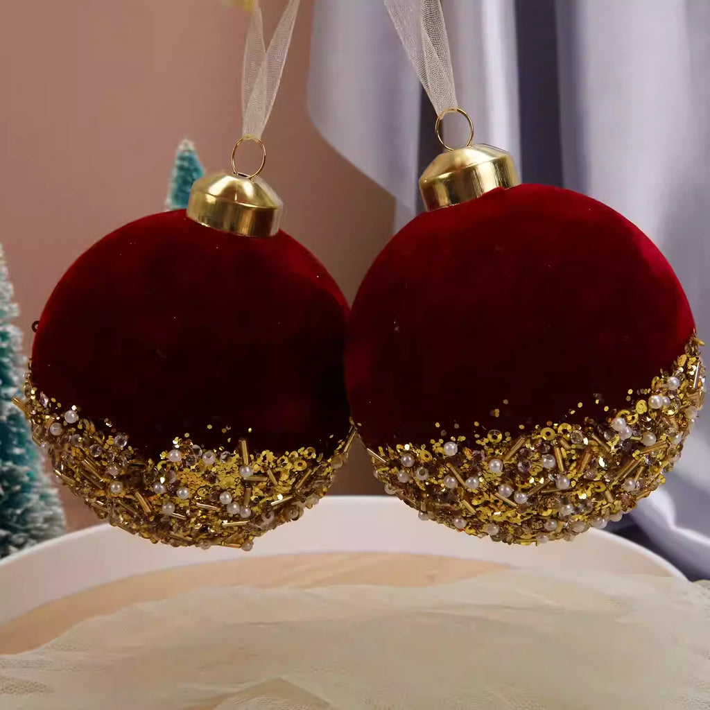 Burgundy flocked glass Christmas bauble measuring 3.1 inches across
