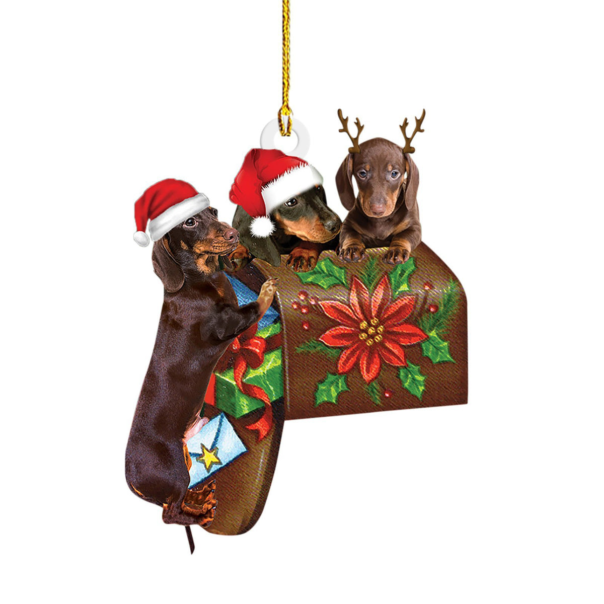 Design 7 dachshund Christmas ornament printed onto flat acrylic