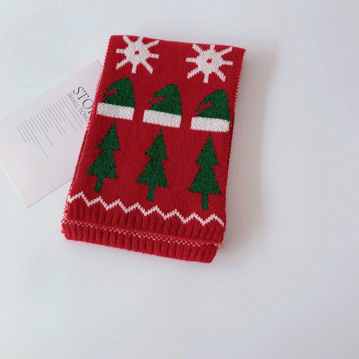Acrylic winter scarf 7.9 inches wide with embroidered holiday motifs
