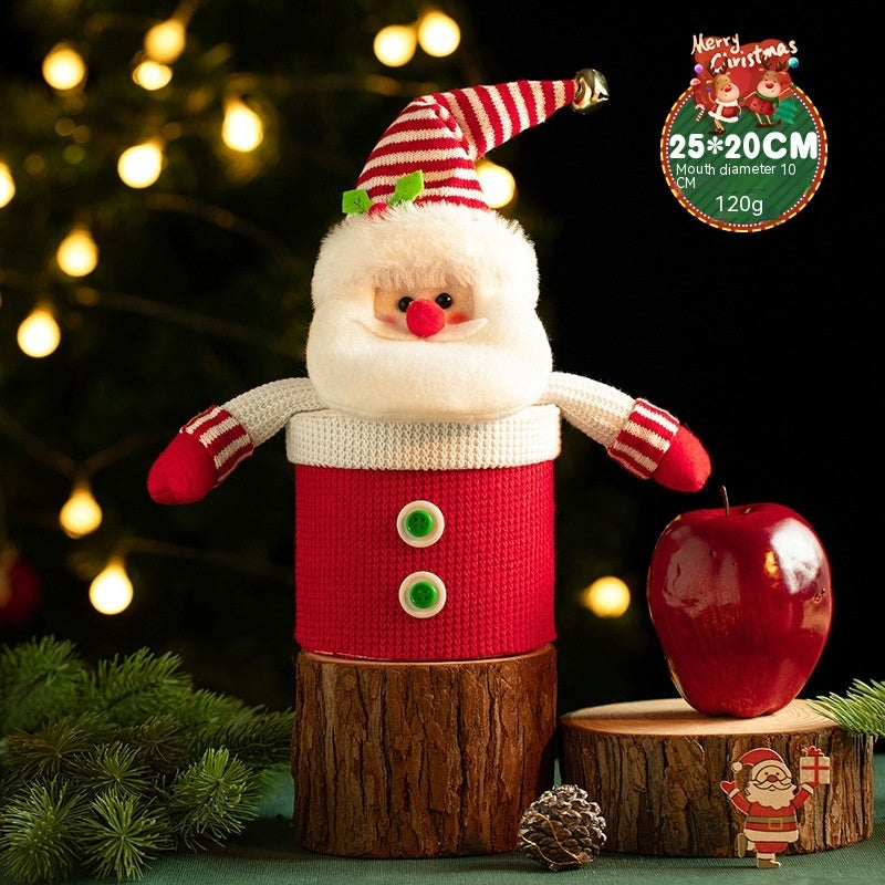 Three character designs of the oversized knitted Christmas candy bag