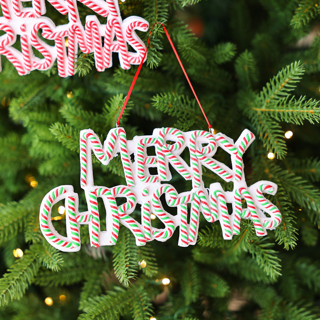 Merry Christmas wording molded into a lightweight plastic Christmas ornament