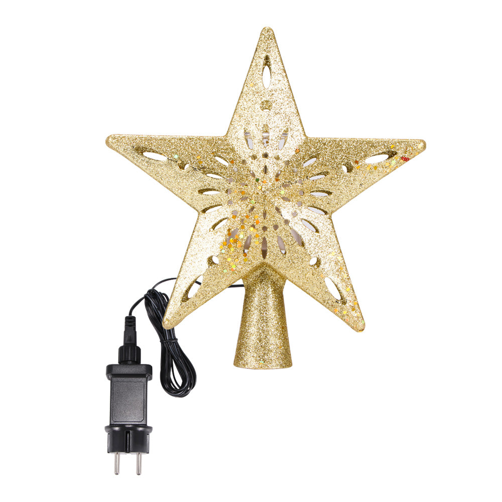 Gold glitter star tree topper light with a rotating projector lens