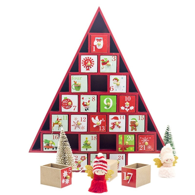 Numbered drawers on a wooden advent calendar, one pulled part open