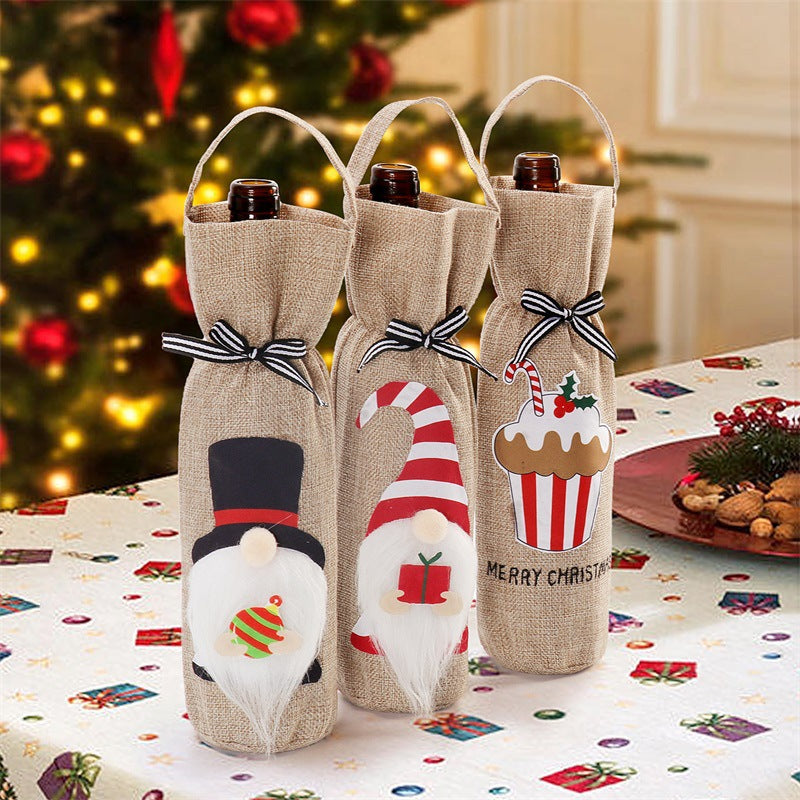 Three Christmas bottle cover styles: top hat, Nordic and cake