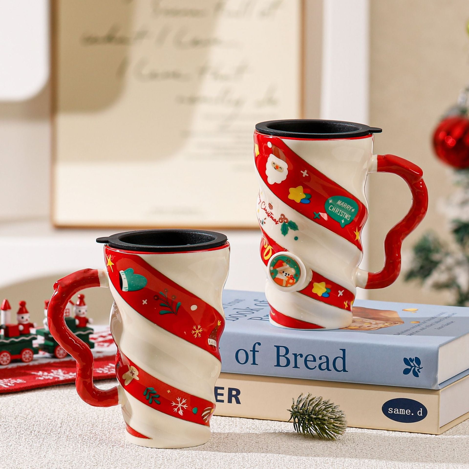 Printed cartoon Christmas pattern across the ceramic mug body