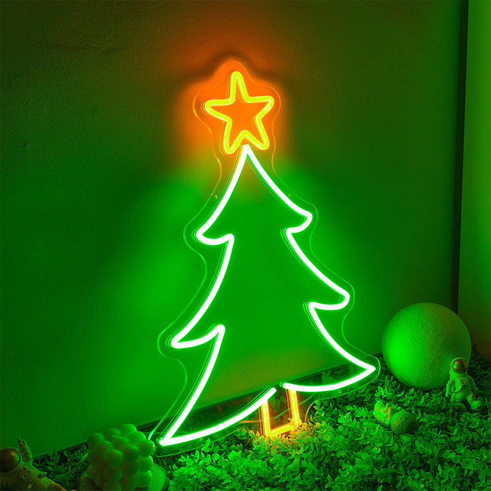 Christmas tree neon sign drawn as one continuous glowing line