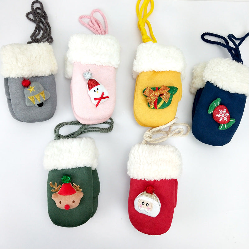 Gray thickened plush Christmas mittens, one size, soft winter pile fabric