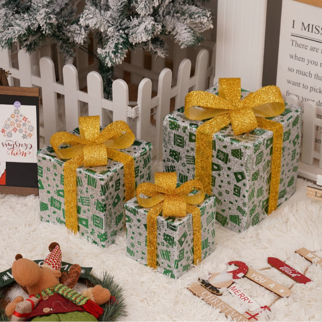 Silver star patterned LED Christmas gift box from the same set