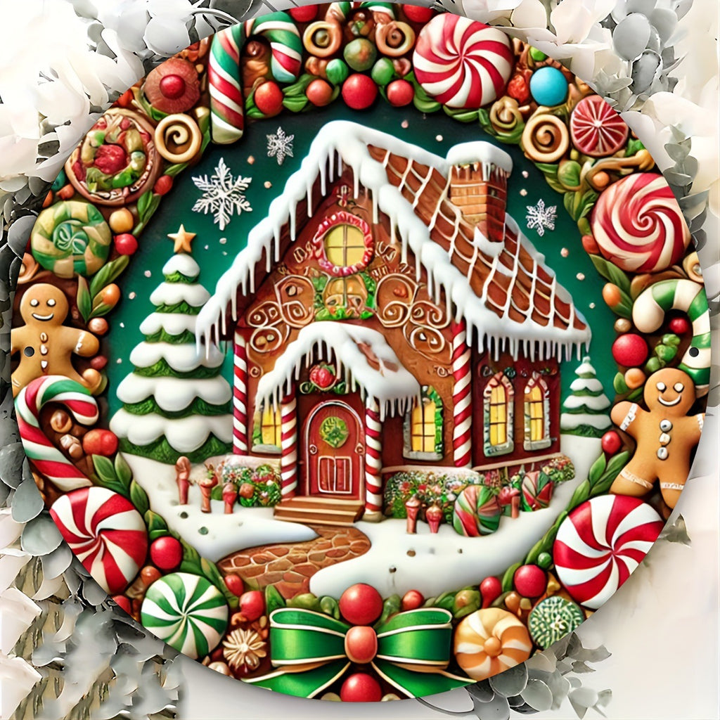 Flat style gingerbread, candy and tree house artwork on a wooden sign