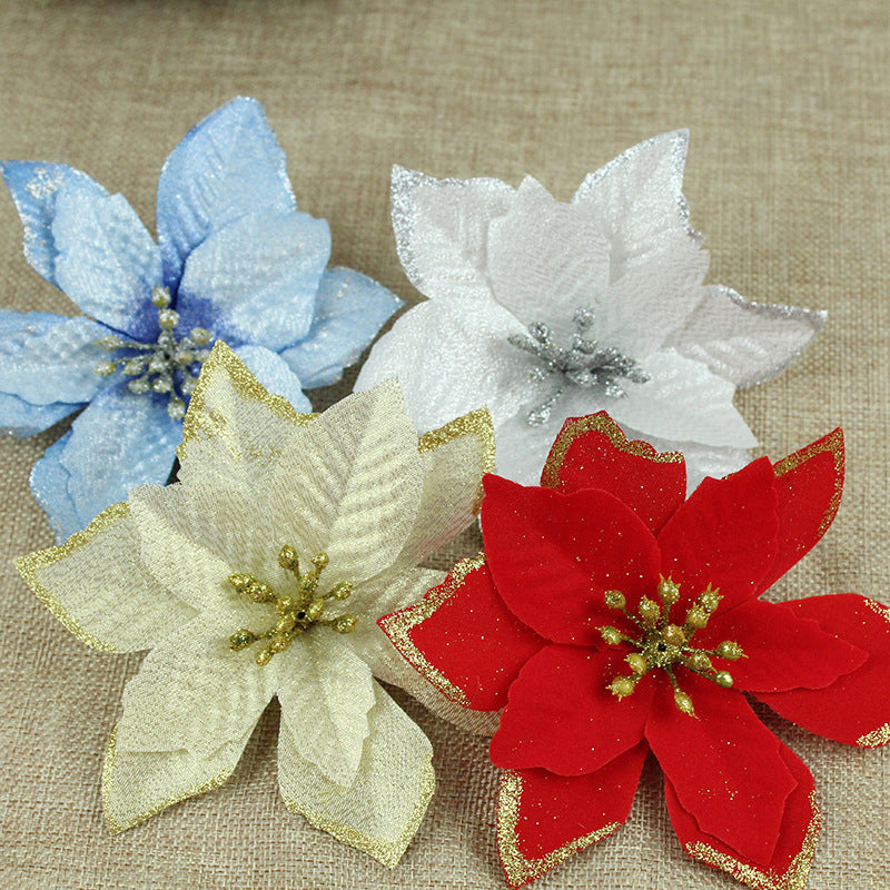 Christmas flower pick in cloth with a gold glitter edged petal trim