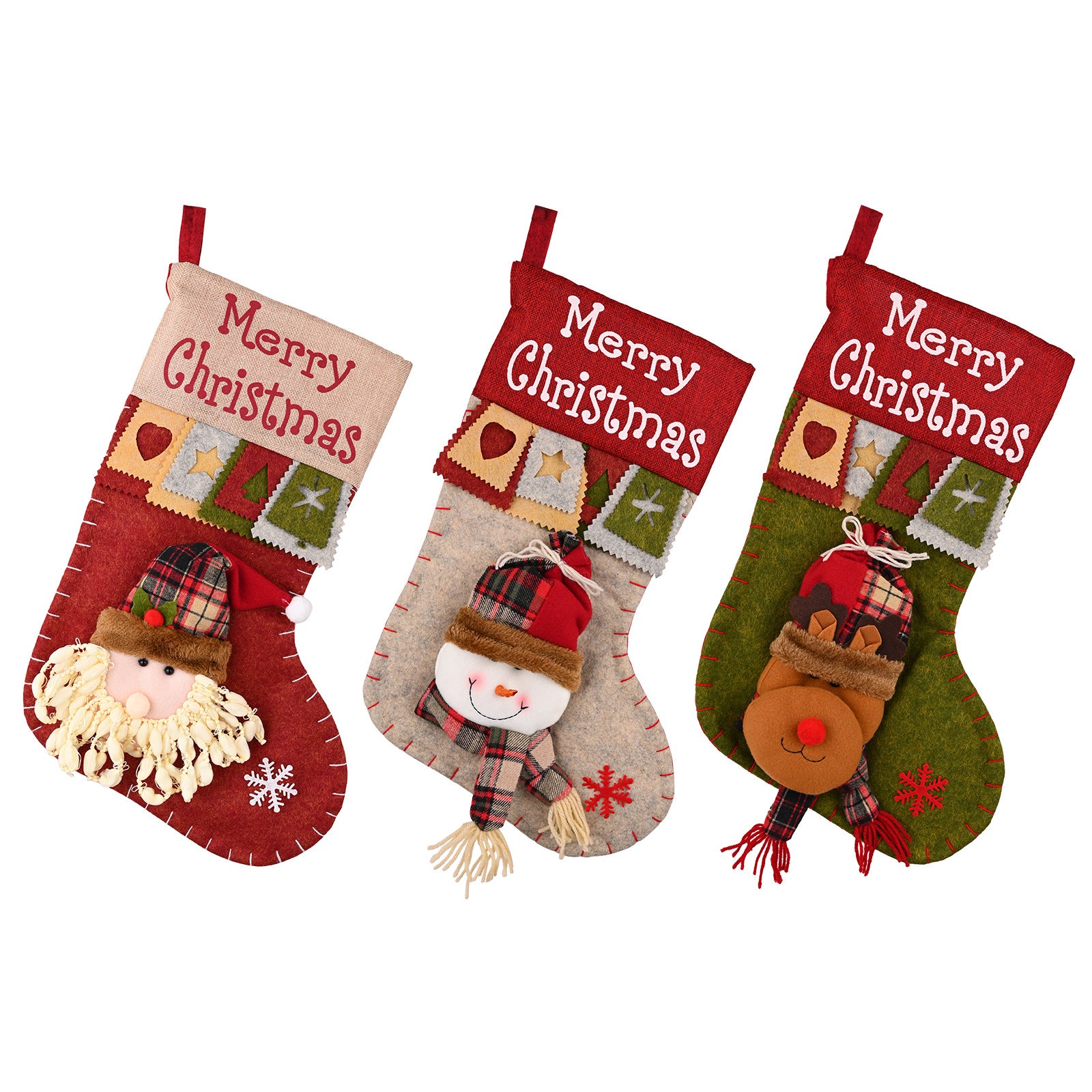 Stitched cartoon face on the front of the cloth Christmas stocking