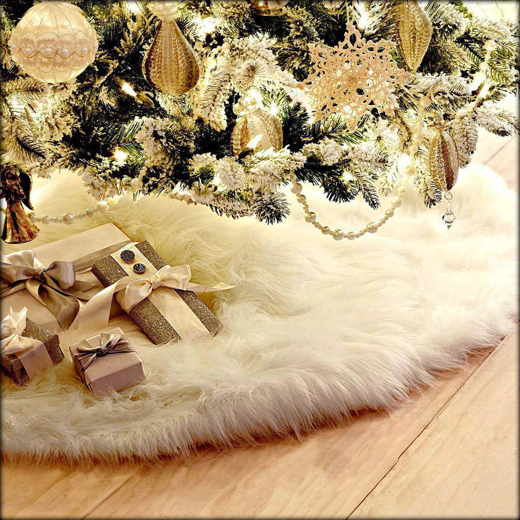 Plush Christmas tree skirt sized to cover a metal tree stand