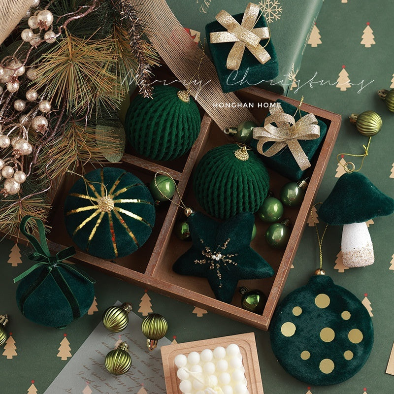 Lime green flocked foam Christmas ornament set of seven pieces