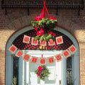 Brown and red burlap Christmas banner printed with a Merry Christmas greeting