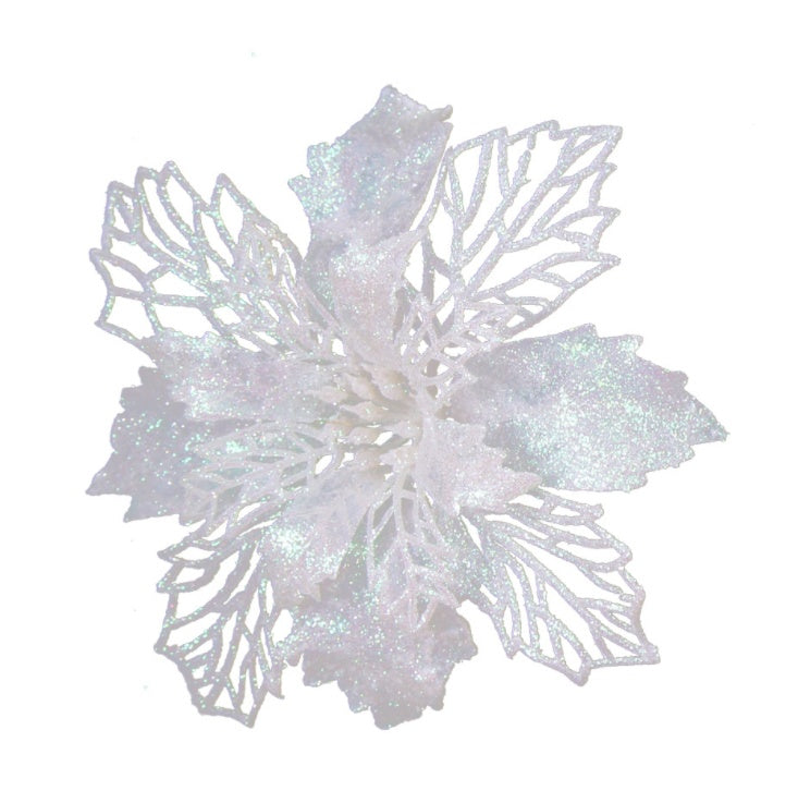 Plastic Christmas flower with fine glitter across each molded petal