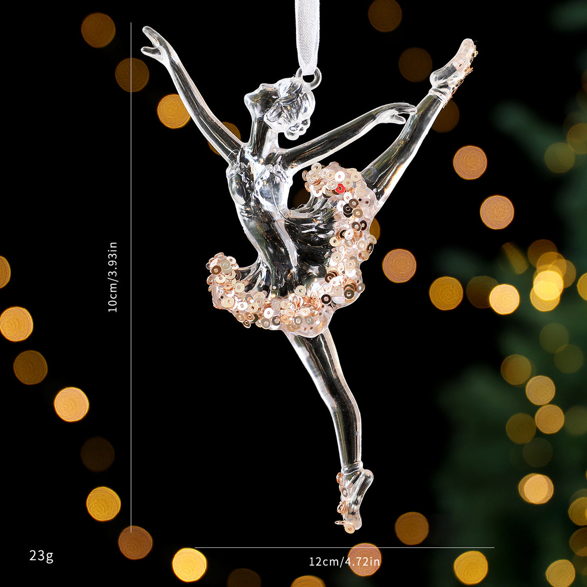 Transparent sequins layered across the clear acrylic pendant surface